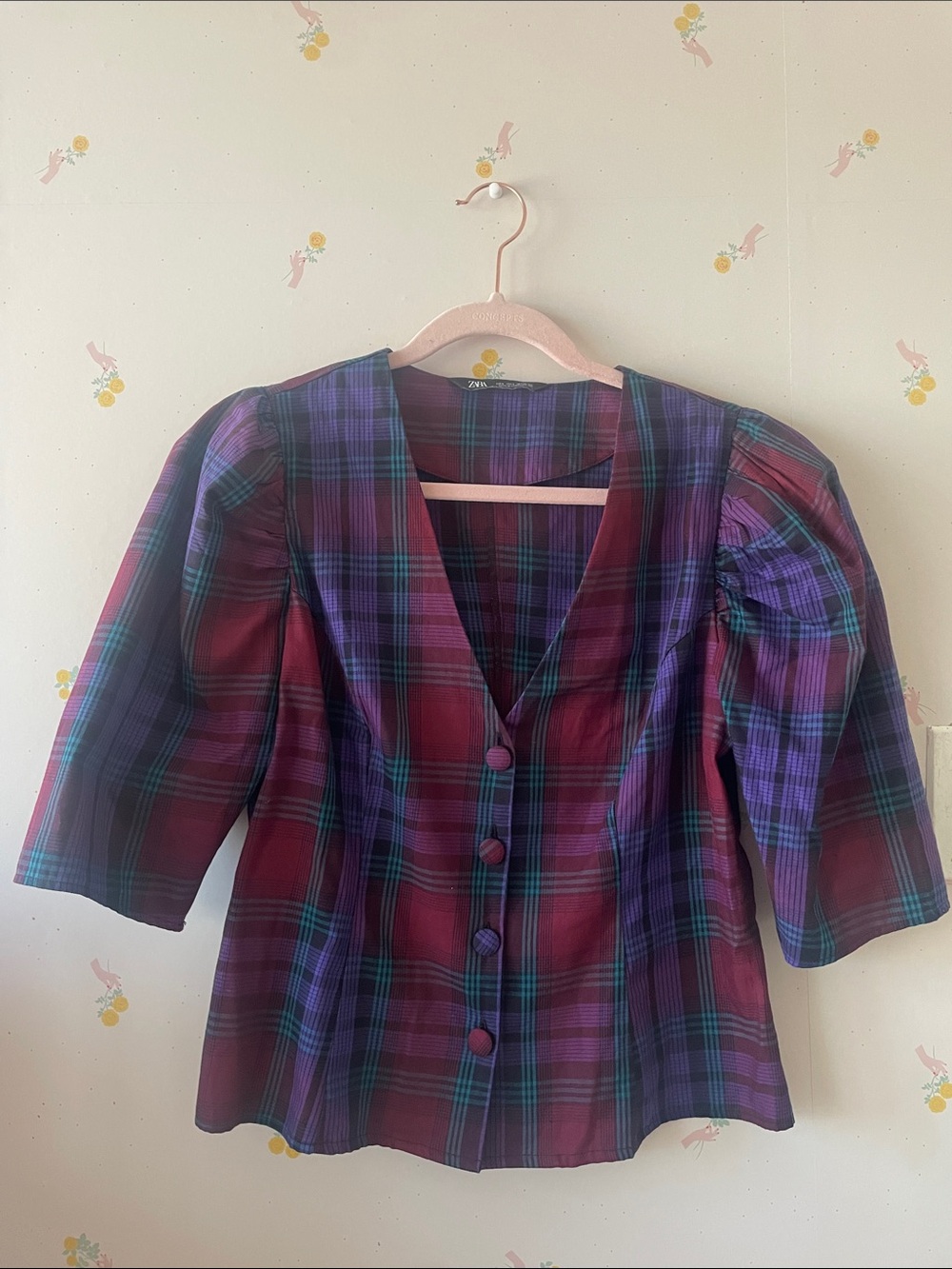 Zara Plaid Button-Front Blouse in Purple and Burgundy